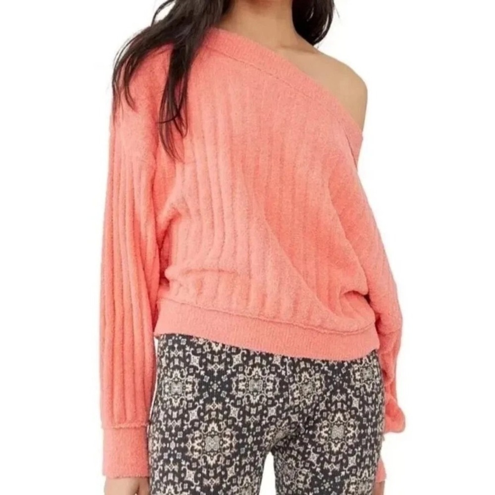 NWT Small Free People Cabin Fever Pullover Sweater Off Shoulder Ribbed Coral